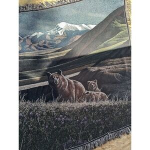 Rustic Cozy Cabin Shabby Chic Tapestry Throw Black Bear & Cubs Fringed Blanket
